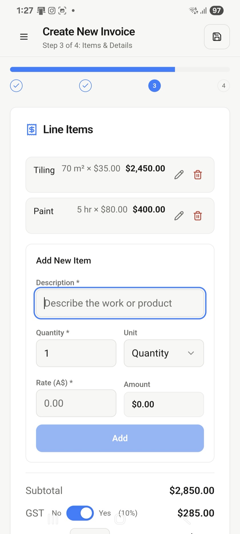 Invogo invoice creation screen showing line items and totals